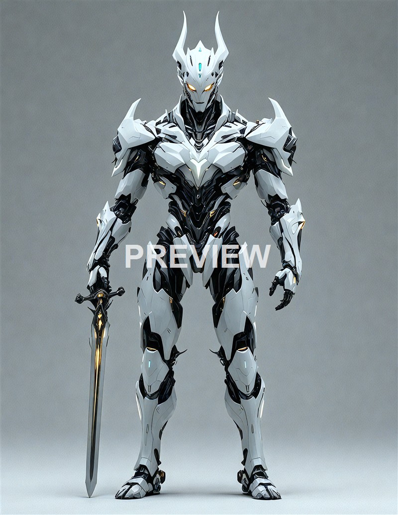 A highly detailed, futuristic humanoid robot with white and black armor, glowing blue accents, and holding a sword, standing against a plain background.